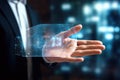 Businessman on blurred background using digital holographic projection 3D rendering, Businessman\'s hand on Royalty Free Stock Photo