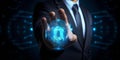 Businessman on blurred background using digital padlock interface 3D rendering, Generative AI illustrations Royalty Free Stock Photo