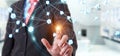 Businesman using flying network balls connection 3D rendering