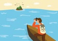 Businessman on boat with binoculars He is looking for customers The concept of the sea and the waves is a journey. The island is