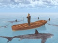Businessman in a boat surrounded by sharks Royalty Free Stock Photo