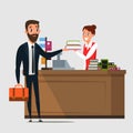 Businessman in bookstore flat vector illustration