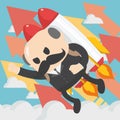 Businessman boss flying off with jet pack vector flat illustration on blue sky background on grossing arrow Royalty Free Stock Photo