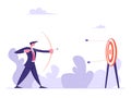 Businessman with Bow and Arrow Aiming Target. Man Shooting at Target. Goal Achievement, Business Solution Strategy