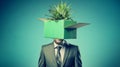 Businessman with box on head with aloe vera plant, Metaphor of diversity of Business economic and nature. Royalty Free Stock Photo