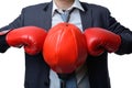 Businessman with boxing glove ready to fight with work, business Royalty Free Stock Photo