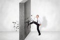 Businessman Break Wall of Obstacle. Business Challenge Conquering Adversity Concept Royalty Free Stock Photo