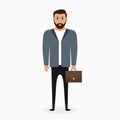 Businessman with briefcase. Business man in cartoon style with beard and in elegant suit. Vector.