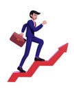 Businessman with a briefcase climbing the steps upstairs to business success. a man in a suit walking up on the red arrow Royalty Free Stock Photo