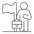 Businessman with briefcase and flag thin line icon, labour day concept, Business career opportunity sign on white