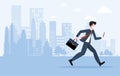 Businessman with briefcase in his hand and mask on his face running fast holding his mobile.  Flat style vector character Royalty Free Stock Photo