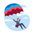 Businessman with briefcase parachutes down, taking risks to achieve his goal. Extreme dangerous strategy. Parachutist