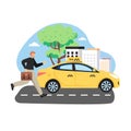 Businessman with briefcase trying to catch yellow taxi cab, flat vector illustration