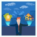 Businessman or broker balancing money and house in his hands. Re