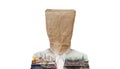 Businessman with brown paper bag on head, with double exposure of city at suit, isolated on white background