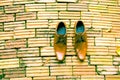 Businessman Brown Shoes Top View on brick background