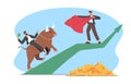 Businessman Bullfighter with Red Cloak in Hands Stand on Rising Arrow Graph Tease Bull with Rider on Back. Bullish Stock