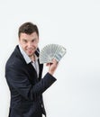 Businessman with bundle of money on a white background Royalty Free Stock Photo