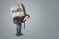 Businessman burdened by a heavy stone with the word FUEL on it