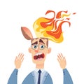 Businessman with a burning head. Man ignited because of on work the problem. Hard work, close deadline project