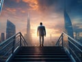 A businessman in a business suit climbs a large staircase against the background of sunlight. Generated by AI