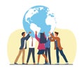 Businessman and Businesswoman carry world globe on back. People hold Earth. Worldwide company. Business leadership and