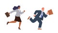 Businessman and businesswoman cartoon characters in formal wear with briefcase rushing to work Royalty Free Stock Photo