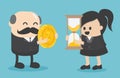 businessman and businesswoman are change a watch and a coin towards each other.
