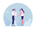 Businessman and Businesswoman Characters Holding Mask Hiding Face and Shaking Hands. Dishonest Cheating Agreement