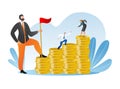 Businessman and businesswoman climb to stack gold coin, team leader character hold red flag flat vector illustration