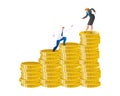 Businessman and businesswoman climbing coin stacks. Female executive reaches the top while male colleague follows