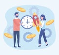 Businessman and businesswoman with clock and rocket with coins