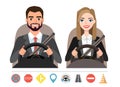 Businessman and businesswoman driving a car. Silhouette of a woman and a man who sit behind the wheel Royalty Free Stock Photo