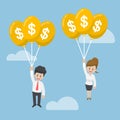 Businessman and Businesswoman Flying with Dollar Balloon