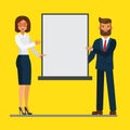 Businessman and businesswoman giving a presentation in a conference meeting. Vector flat illustration concept Royalty Free Stock Photo