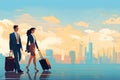 businessman and businesswoman going on business trip carrying suitcases and background of city, copy space for text