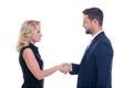 Businessman and businesswoman handshake isolated Royalty Free Stock Photo