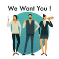 Businessman and Businesswoman are hiring new staff. We Want You