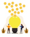 Businessman and businesswoman with a light bulb and a stack of coins.Man and woman holding glowing electric light bulb.Vector, Royalty Free Stock Photo