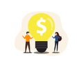 Businessman and businesswoman with a light bulb and a stack of coins.Man and woman holding glowing electric light bulb.Vector, Royalty Free Stock Photo