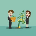 Businessman and businesswoman looking for growth chart ,money and pointing finger to raise the graph get a lot of money Royalty Free Stock Photo