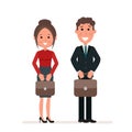 Businessman and businesswoman or managers are standing with suitcases in their hands. Office workers. Flat character