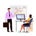 Businessman and businesswoman in office. Man and woman working at computer. Vector illustration in flat style Royalty Free Stock Photo