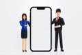 Businessman and businesswoman pointing finger at big blank screen smartphone, app recommendation presentation, 3D rendering Royalty Free Stock Photo