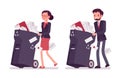 Businessman and businesswoman pushing wheeled trash bins with documents