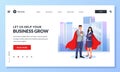 Businessman and businesswoman in red superhero cloaks. Vector illustration for web landing page, banner, poster design