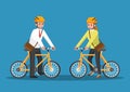 Businessman and businesswoman riding bicycle.