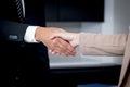 Businessman and businesswoman shaking hands after meeting, businesspeople reached agreement on negotiation deal, successful unity Royalty Free Stock Photo