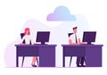 Businessman and Businesswoman Sitting at Desks Working on Computers Using Cloud System and Intranet Royalty Free Stock Photo