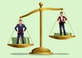 Businessman and businesswoman stand on a golden scale conveys the disparity in salary